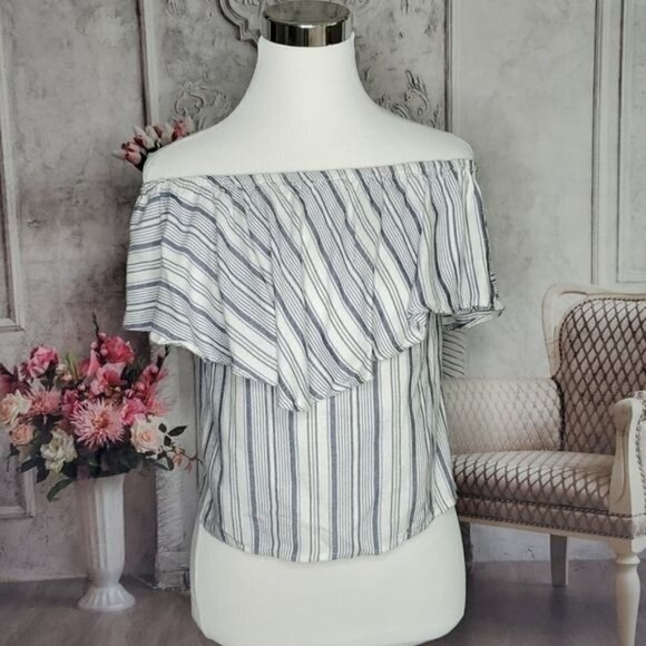 WAYF Blue White Pullover Striped Off the Shoulder Blouse Top Size XS Made in USA - Picture 9 of 16